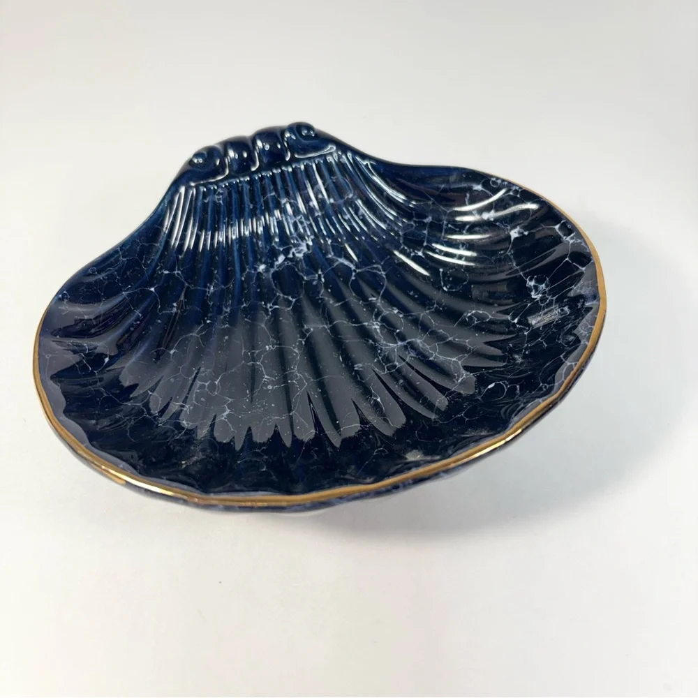 Vtg Ceramic Blue Mirabel Gold Accent Sea Clam‎ Soap Dish Lidded Jar Bathroom Set